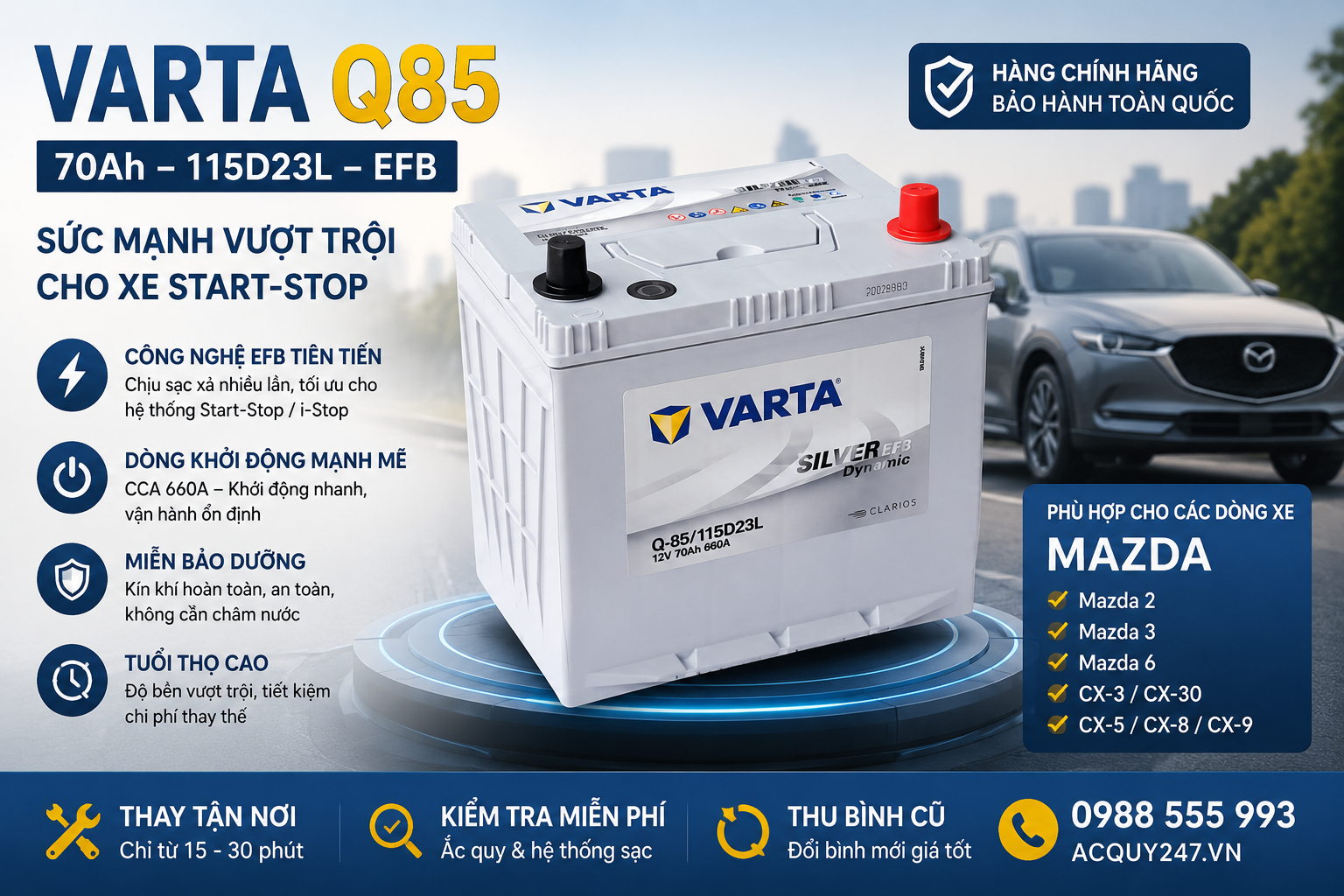 ắc quy varta q85 70ah cho xe mazda istop